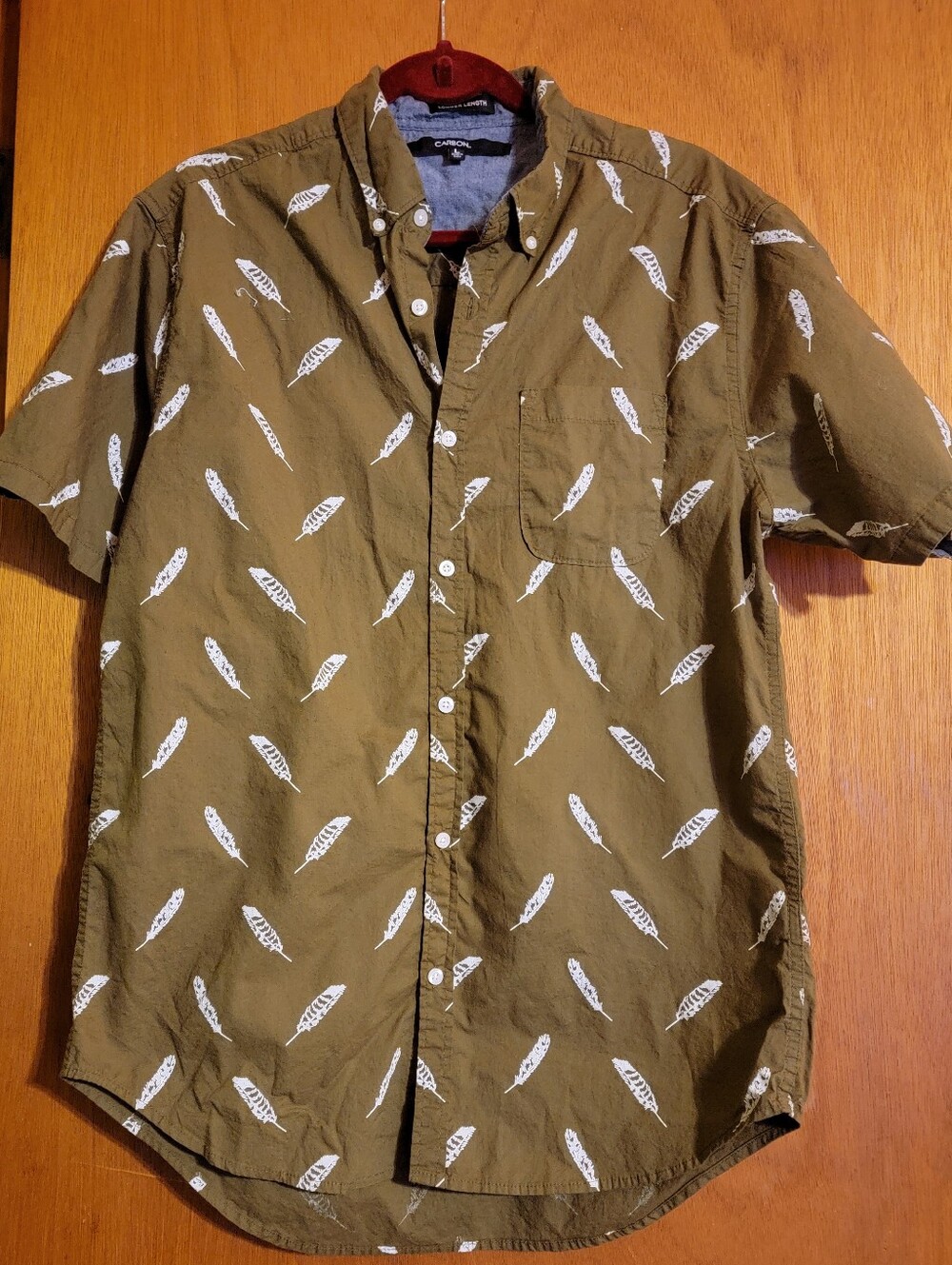 Olive Green Feather-Print Button-Down Shirt